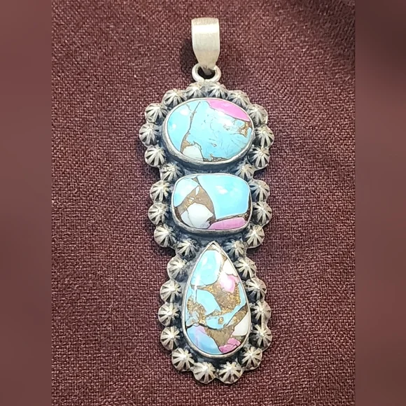 Artisan Sterling Silver Pendant with Turquoise and Pink Accents Cotton Candy - Picture 4 of 7